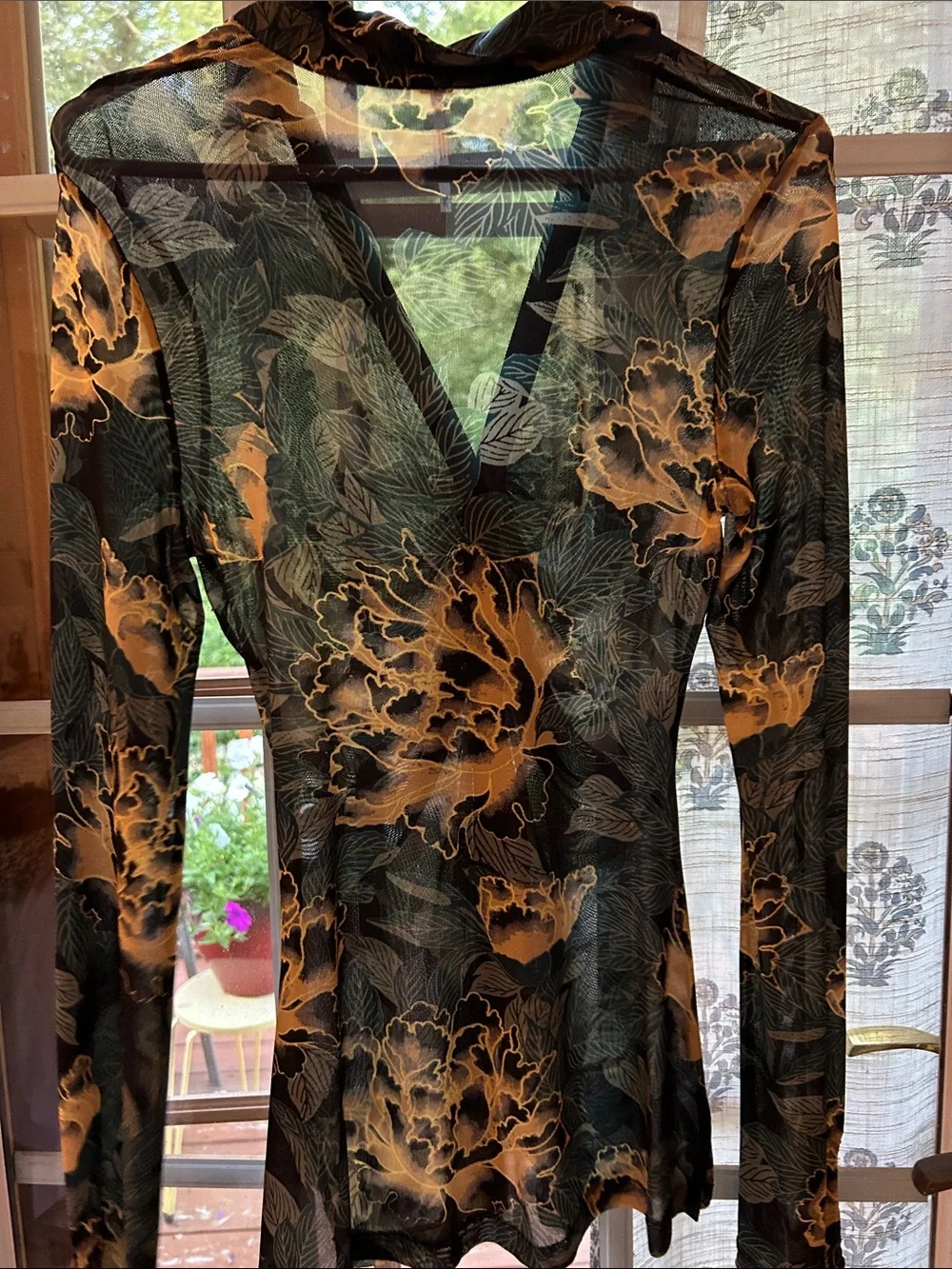 Free People Teal and Mustard Sheer Floral Button-Front Top